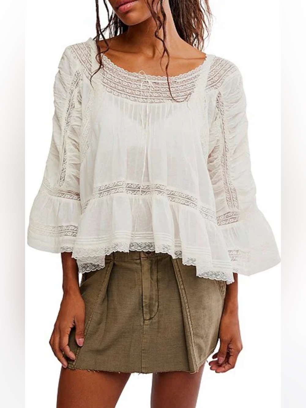 NWT🌷(S) Free People She’s a Romantic Boat Neck Bell Sleeve Lace Paneling Blouse